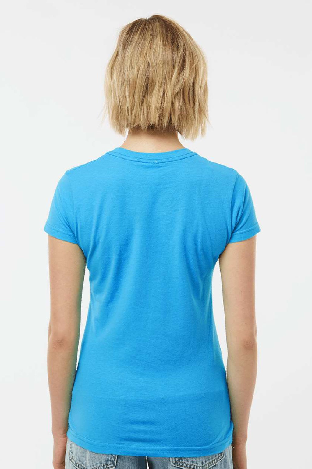 Tultex 213 Womens Fine Jersey Slim Fit Short Sleeve Crewneck T-Shirt Turquoise Blue Model Back