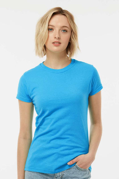 Tultex 213 Womens Fine Jersey Slim Fit Short Sleeve Crewneck T-Shirt Turquoise Blue Model Front