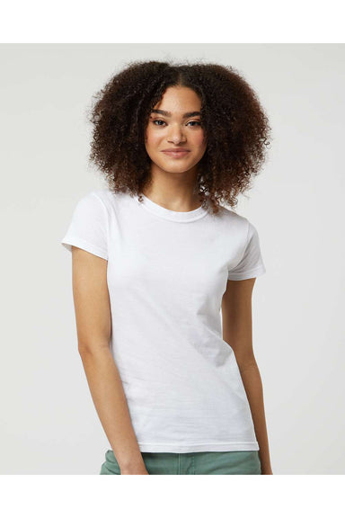 Tultex 213 Womens Fine Jersey Slim Fit Short Sleeve Crewneck T-Shirt White Model Front