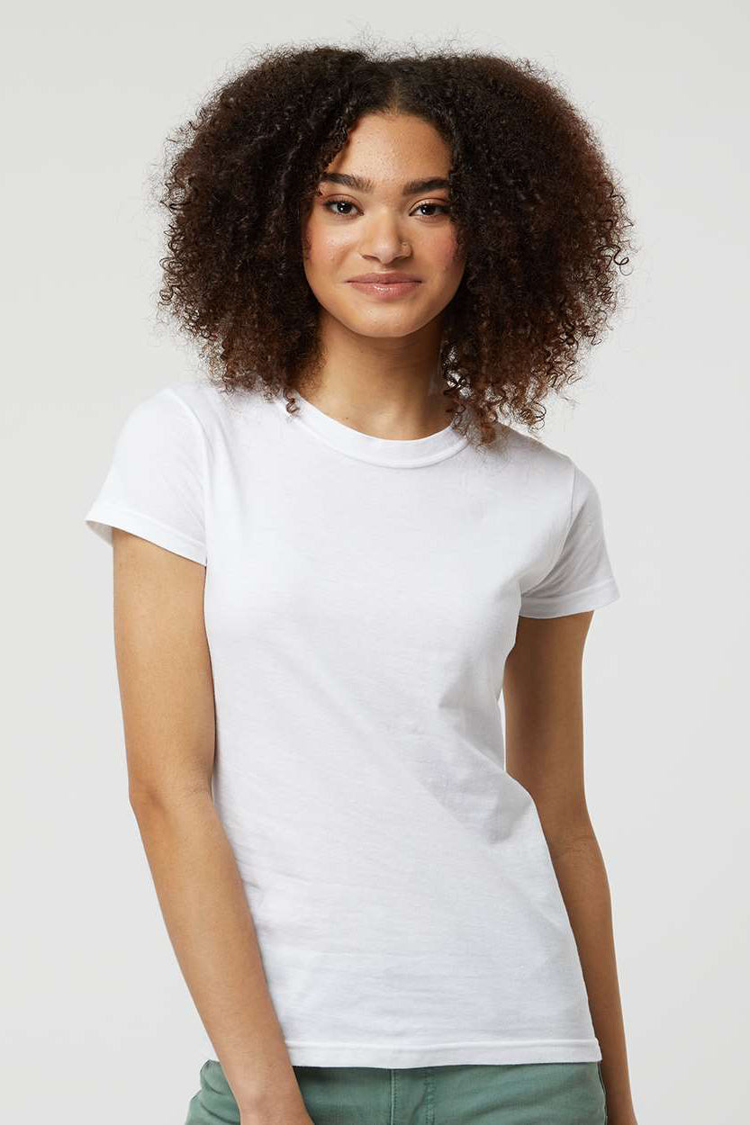 Tultex 213 Womens Fine Jersey Slim Fit Short Sleeve Crewneck T-Shirt White Model Front