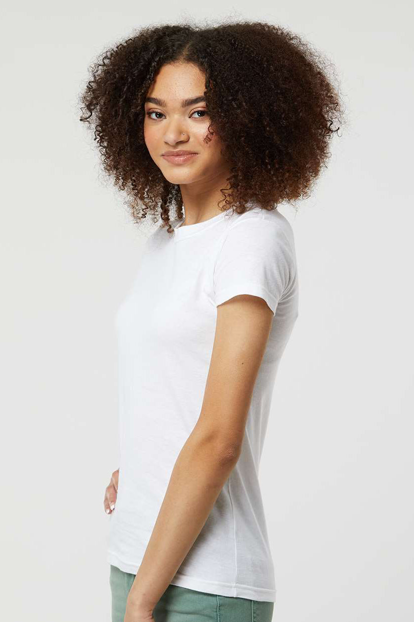 Tultex 213 Womens Fine Jersey Slim Fit Short Sleeve Crewneck T-Shirt White Model Side
