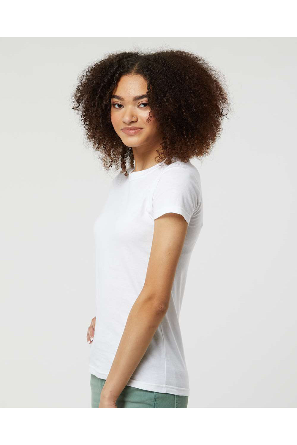 Tultex 213 Womens Fine Jersey Slim Fit Short Sleeve Crewneck T-Shirt White Model Side