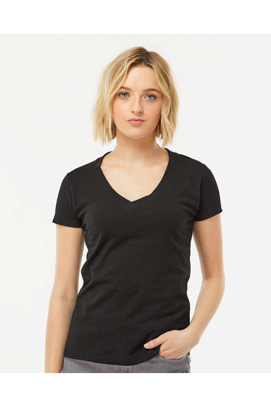 Tultex 214 Womens Fine Jersey Short Sleeve V-Neck T-Shirt Black Model Front