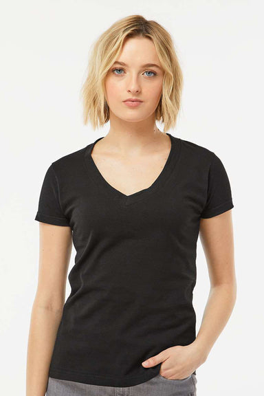Tultex 214 Womens Fine Jersey Short Sleeve V-Neck T-Shirt Black Model Front