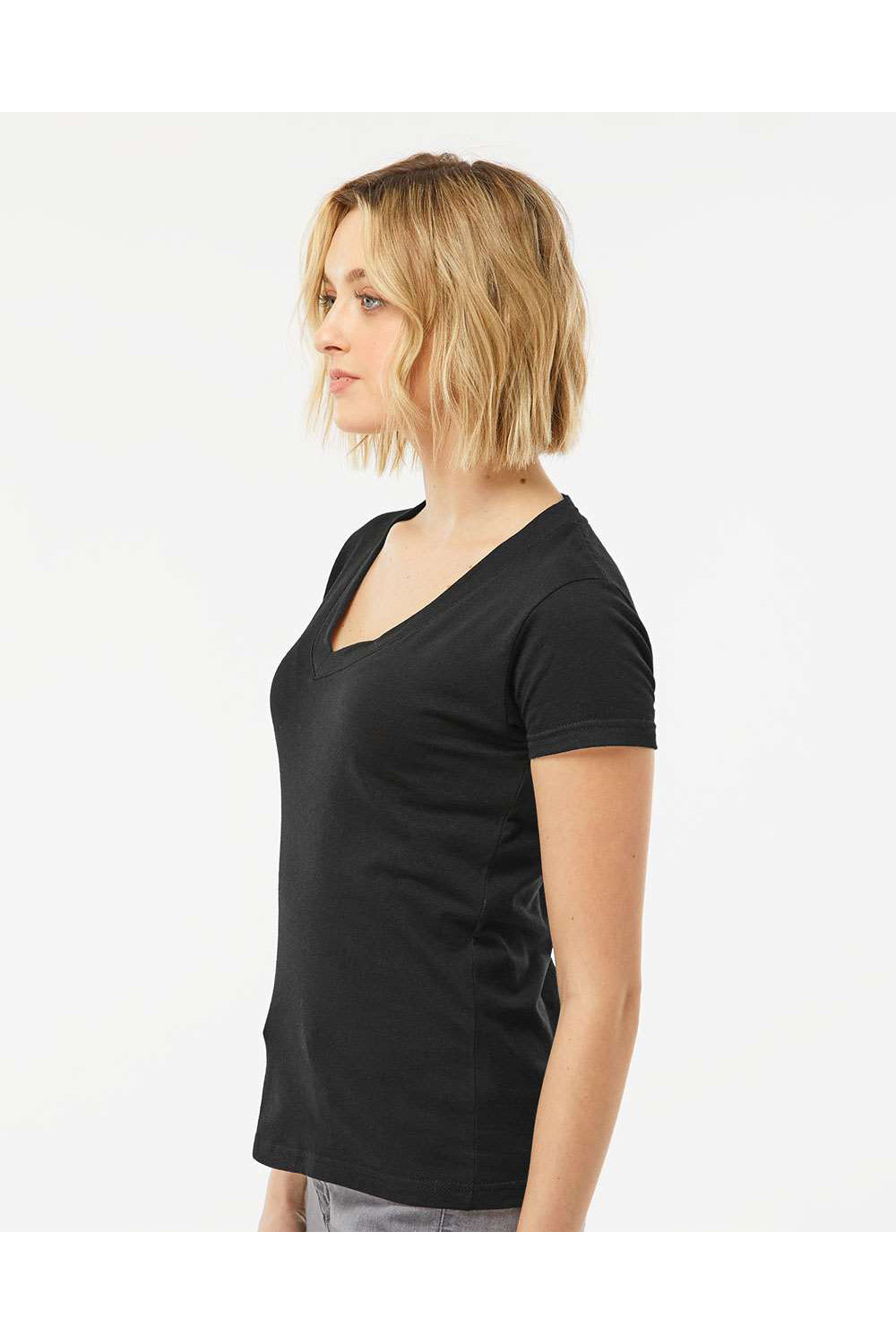 Tultex 214 Womens Fine Jersey Short Sleeve V-Neck T-Shirt Black Model Side