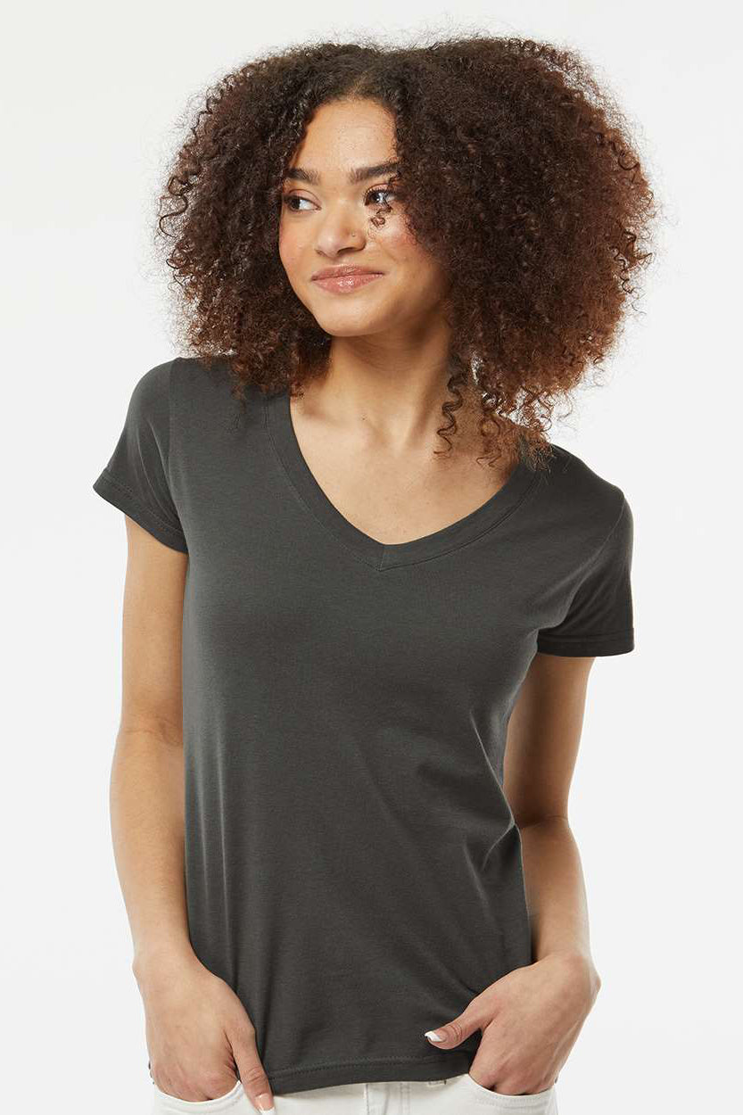 Tultex 214 Womens Fine Jersey Short Sleeve V-Neck T-Shirt Charcoal Grey Model Front