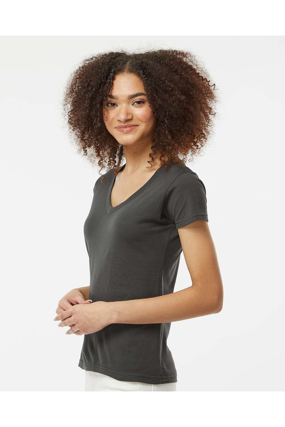 Tultex 214 Womens Fine Jersey Short Sleeve V-Neck T-Shirt Charcoal Grey Model Side