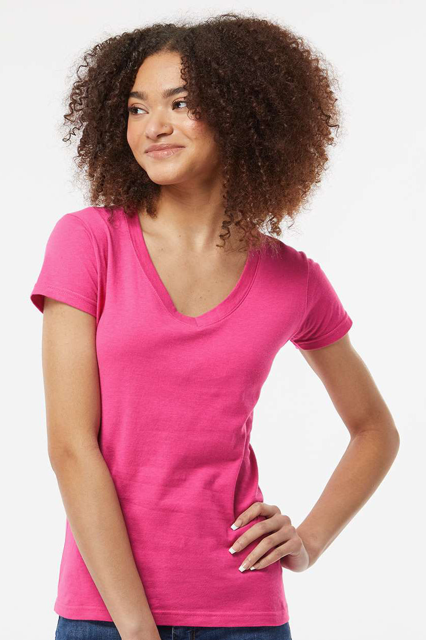 Tultex 214 Womens Fine Jersey Short Sleeve V-Neck T-Shirt Fuchsia Pink Model Front