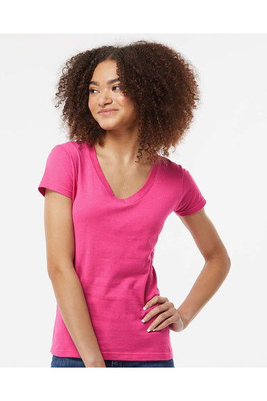 Tultex 214 Womens Fine Jersey Short Sleeve V-Neck T-Shirt Fuchsia Pink Model Front