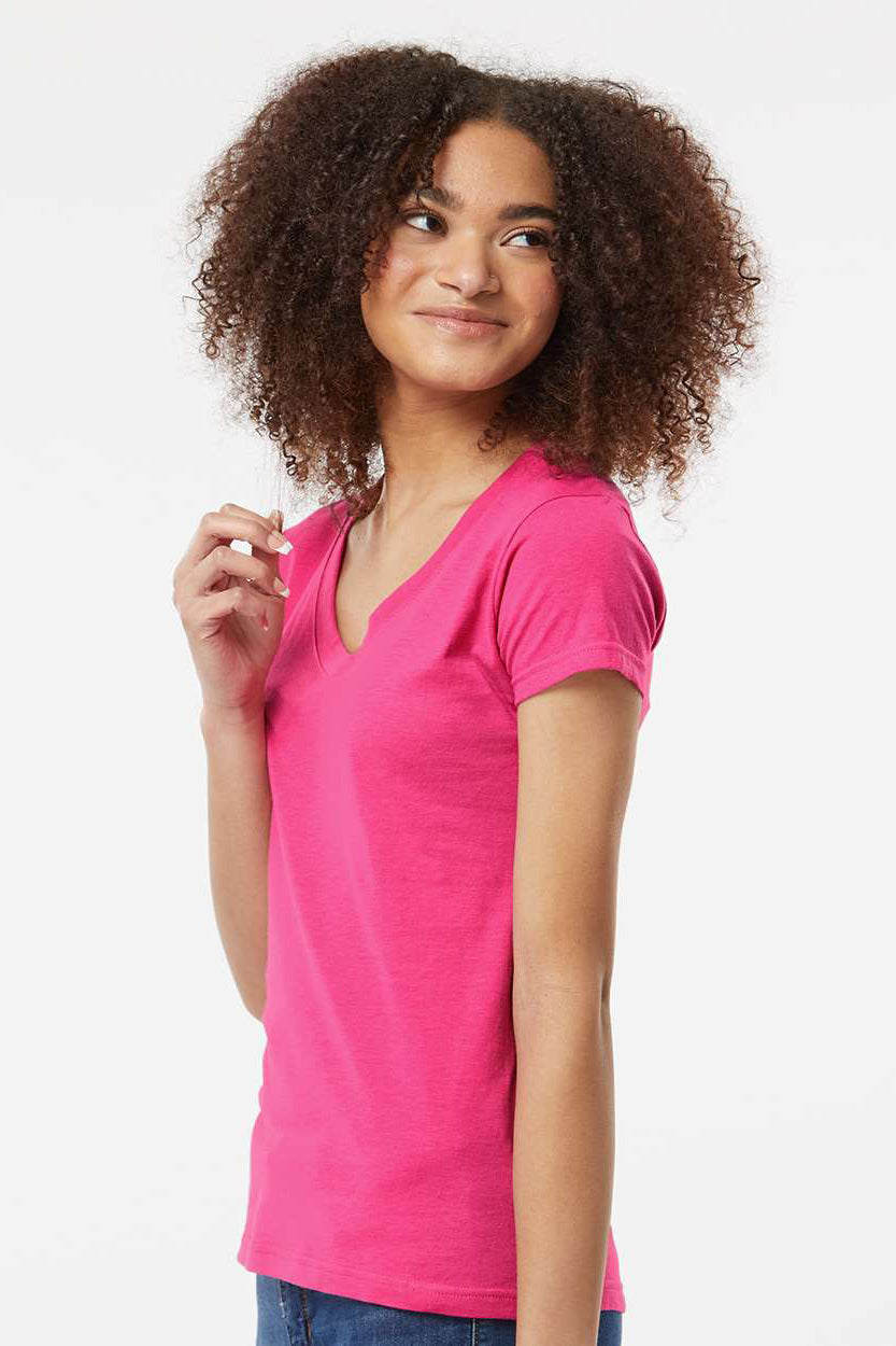 Tultex 214 Womens Fine Jersey Short Sleeve V-Neck T-Shirt Fuchsia Pink Model Side