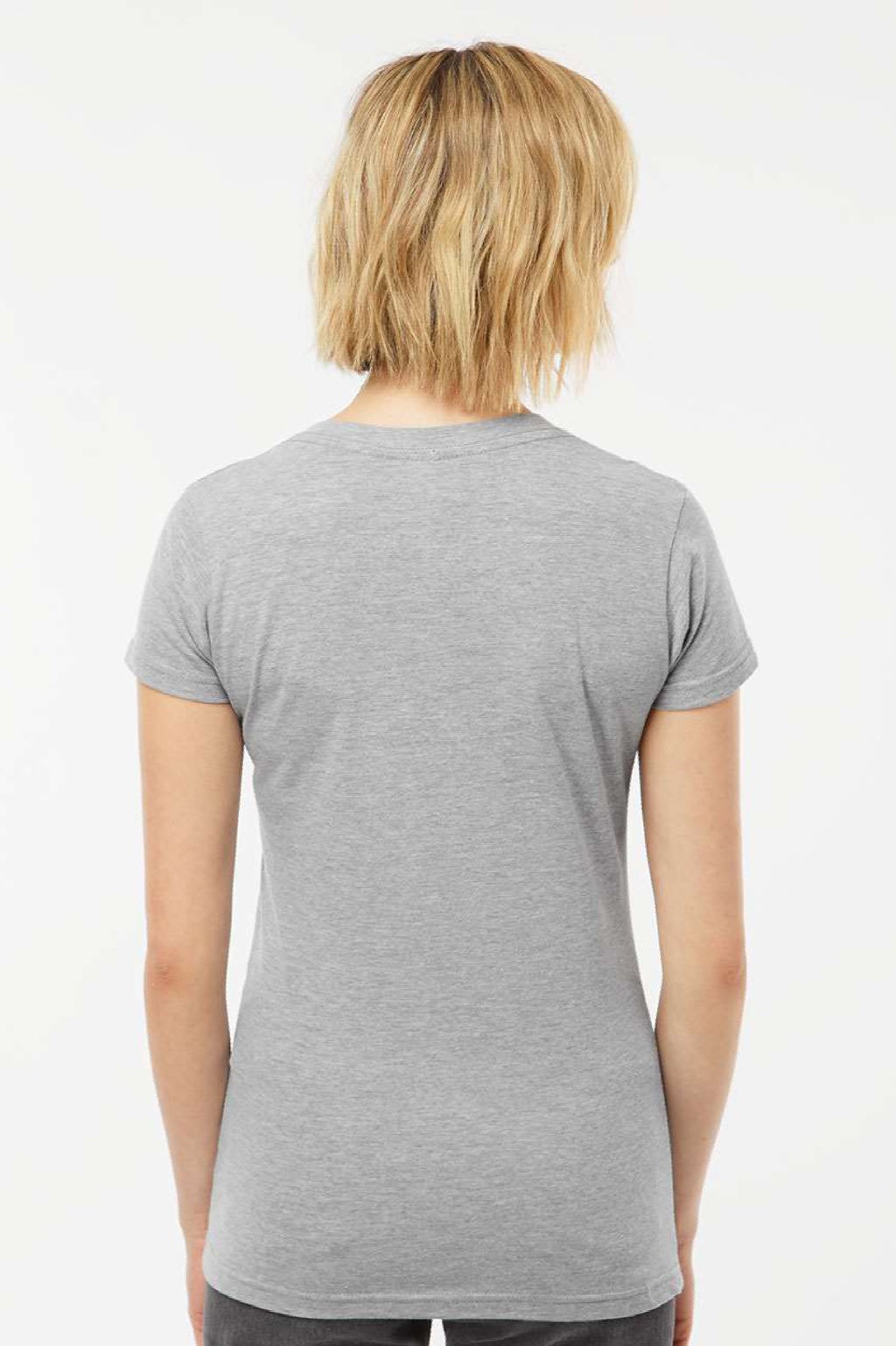 Tultex 214 Womens Fine Jersey Short Sleeve V-Neck T-Shirt Heather Grey Model Back