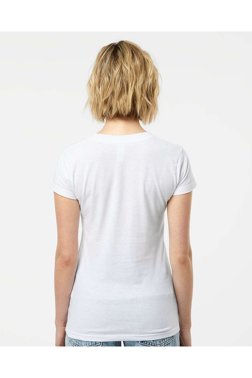 Tultex 214 Womens Fine Jersey Short Sleeve V-Neck T-Shirt White Model Back