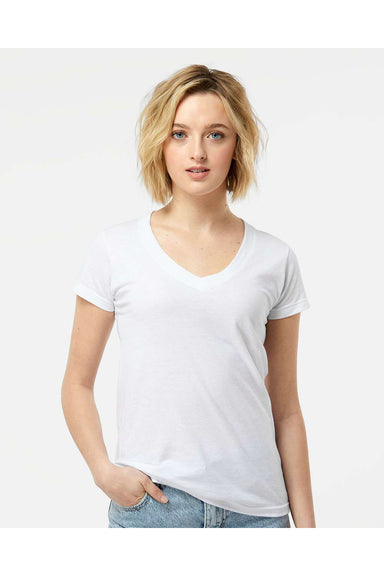 Tultex 214 Womens Fine Jersey Short Sleeve V-Neck T-Shirt White Model Front