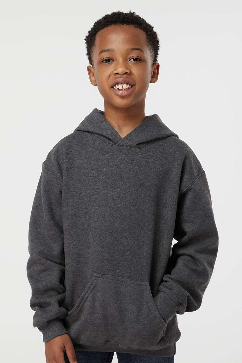 Tultex 320Y Youth Hooded Sweatshirt Hoodie w/ Pouch Pocket Heather Charcoal Grey Model Front
