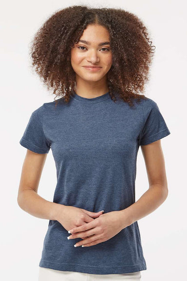 Tultex 216 Womens Fine Jersey Classic Fit Short Sleeve Crewneck T-Shirt Heather Denim Blue Model Front