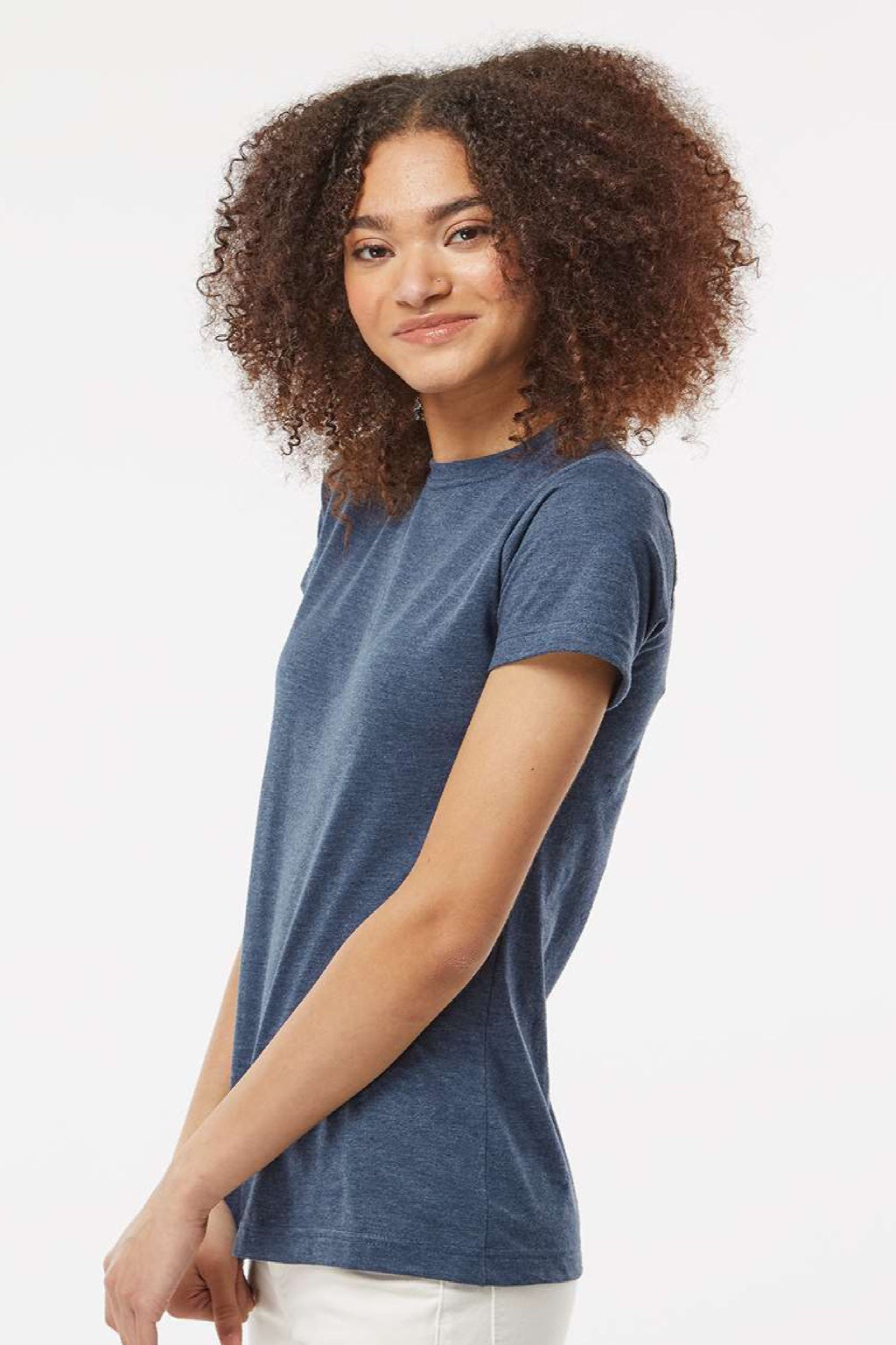 Tultex 216 Womens Fine Jersey Classic Fit Short Sleeve Crewneck T-Shirt Heather Denim Blue Model Side
