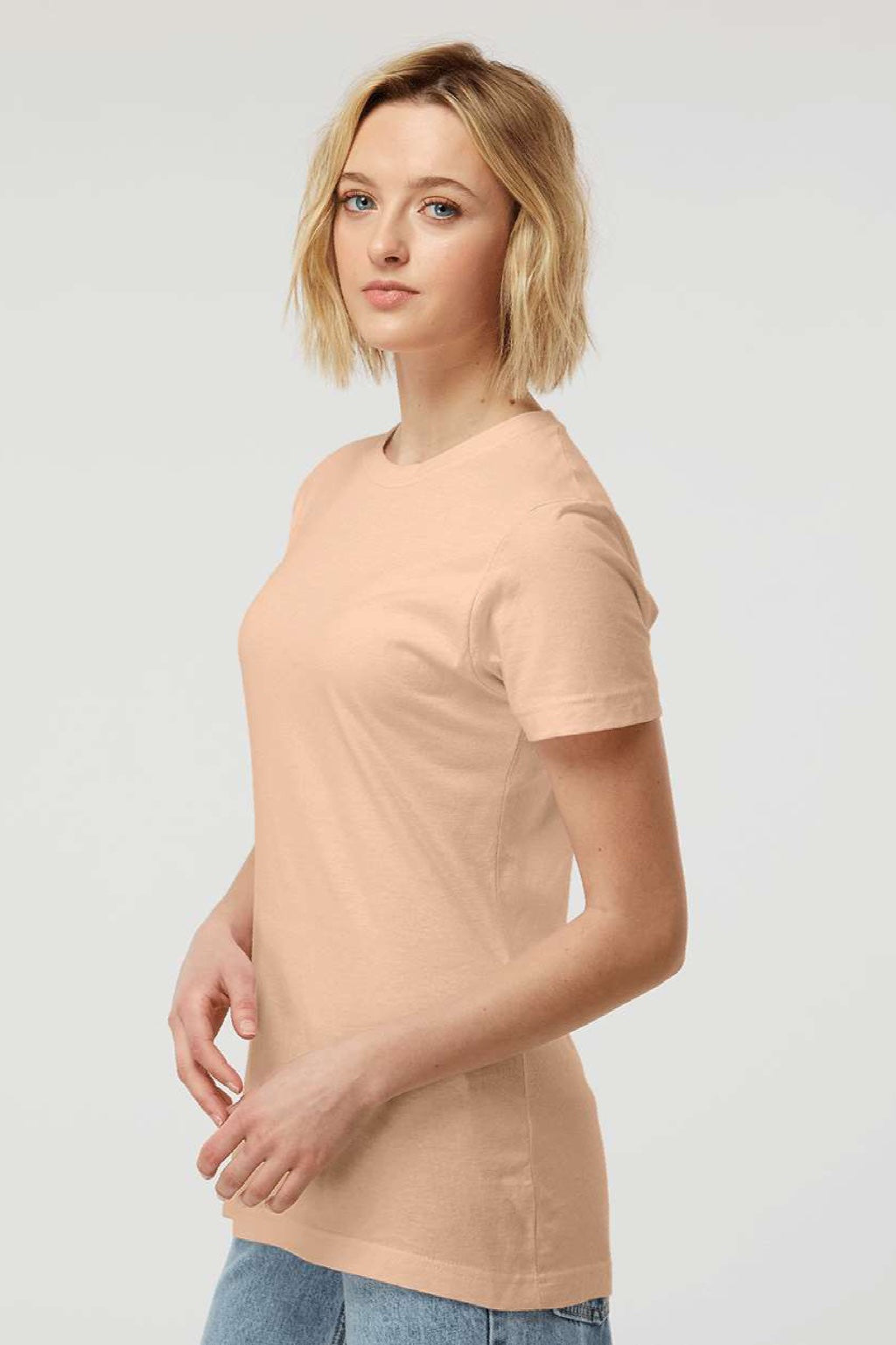 Tultex 216 Womens Fine Jersey Classic Fit Short Sleeve Crewneck T-Shirt Peach Model Side