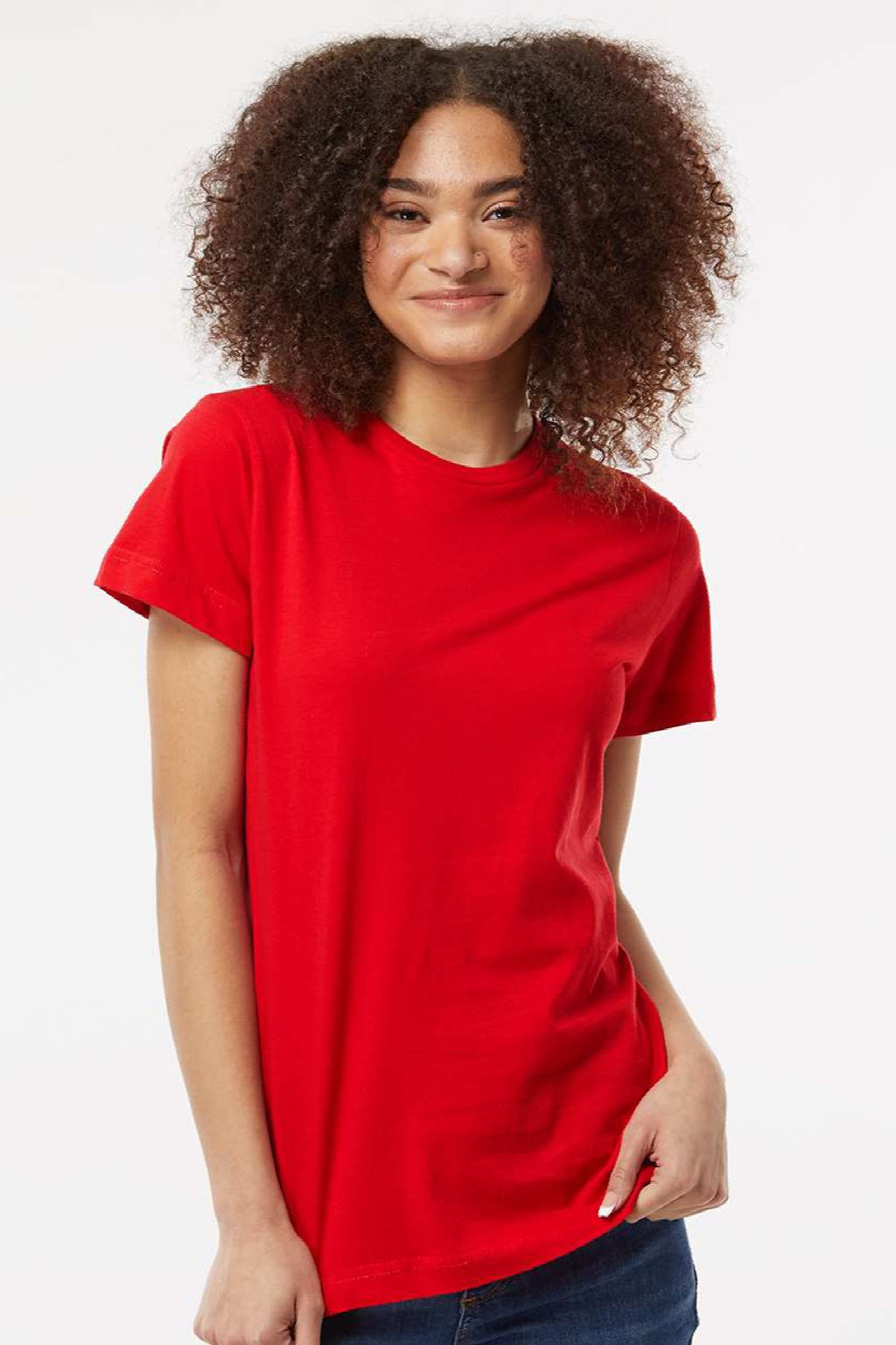 Tultex 216 Womens Fine Jersey Classic Fit Short Sleeve Crewneck T-Shirt Red Model Front