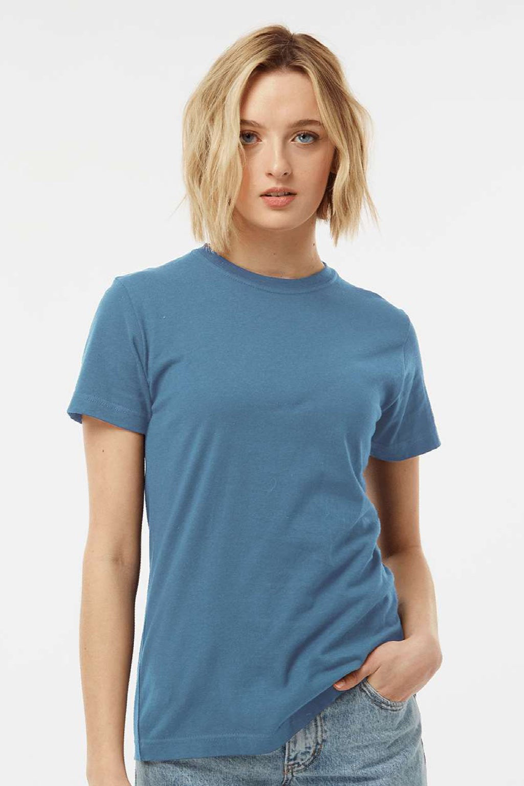 Tultex 216 Womens Fine Jersey Classic Fit Short Sleeve Crewneck T-Shirt Slate Blue Model Front