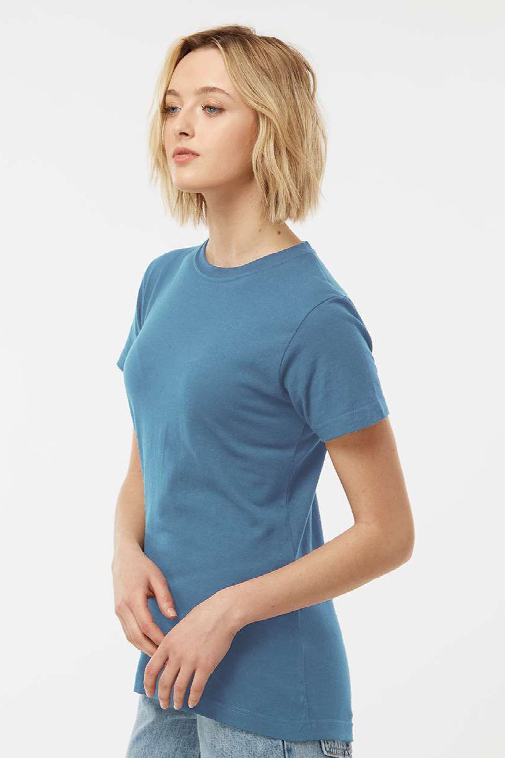 Tultex 216 Womens Fine Jersey Classic Fit Short Sleeve Crewneck T-Shirt Slate Blue Model Side
