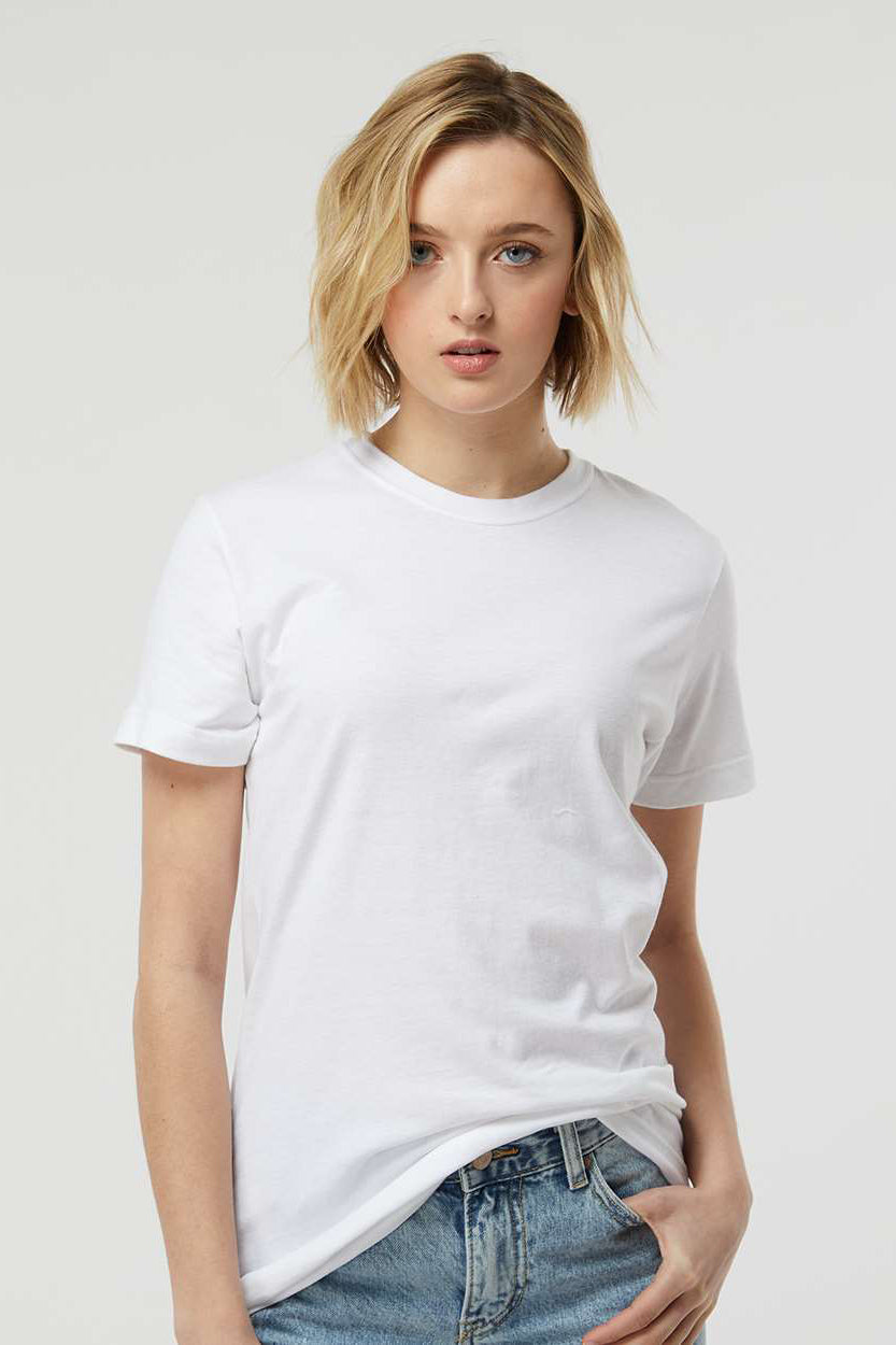 Tultex 216 Womens Fine Jersey Classic Fit Short Sleeve Crewneck T-Shirt White Model Front
