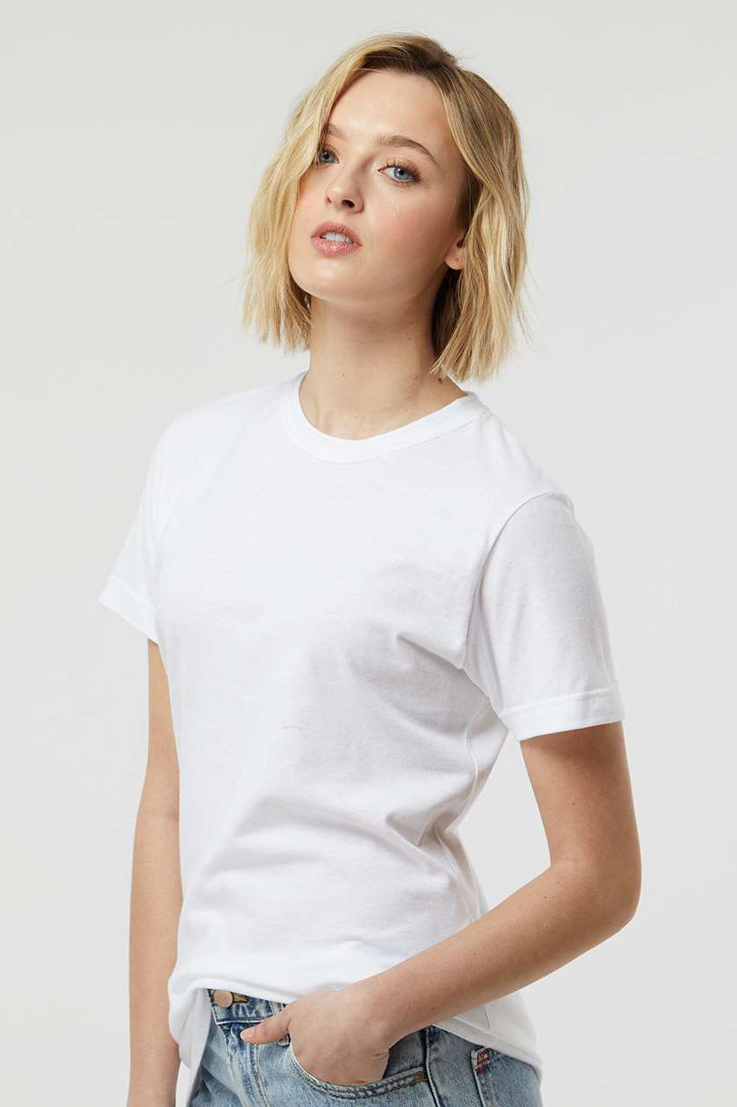 Tultex 216 Womens Fine Jersey Classic Fit Short Sleeve Crewneck T-Shirt White Model Side