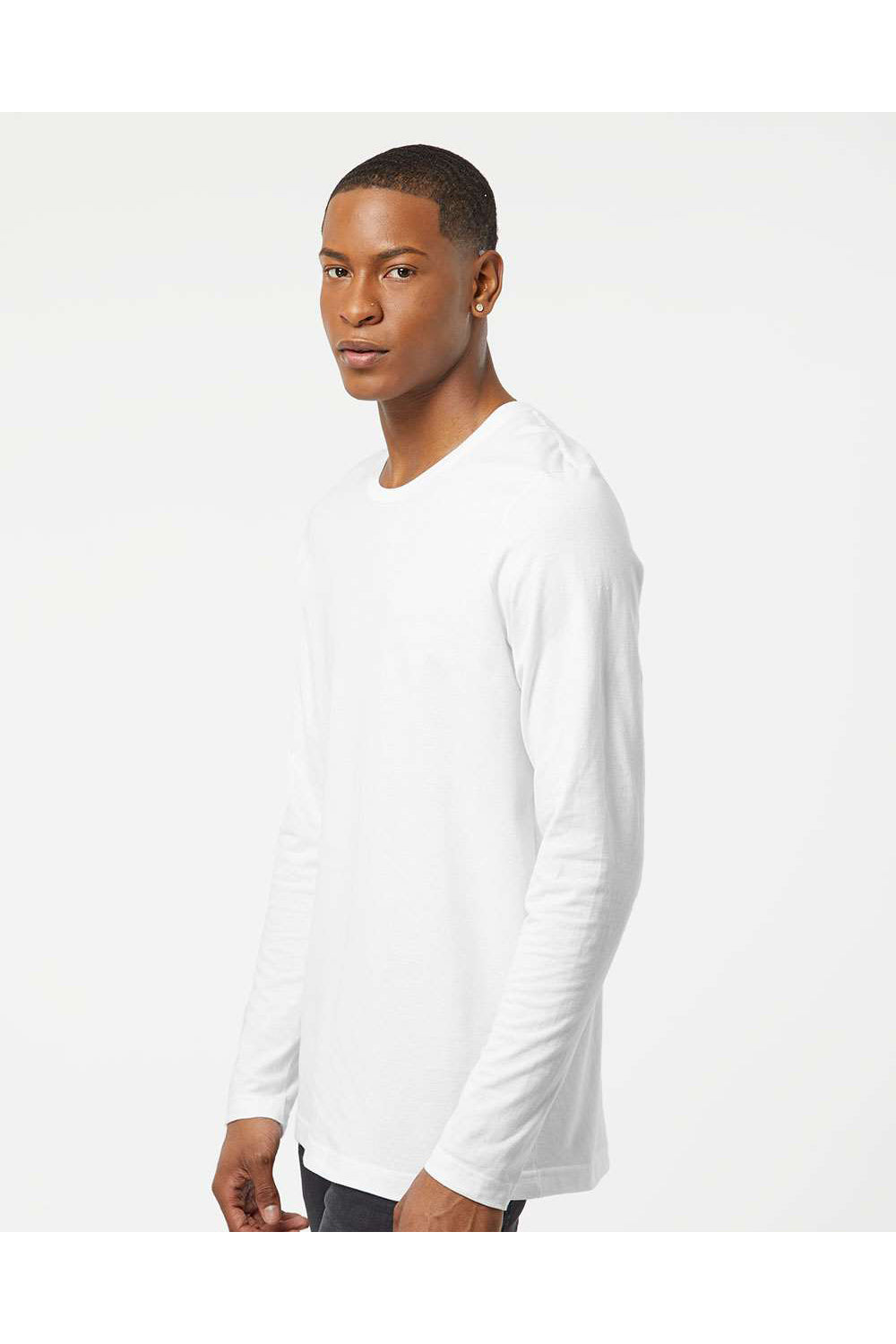 Tultex 591 Mens Premium Long Sleeve Crewneck T-Shirt White Model Side