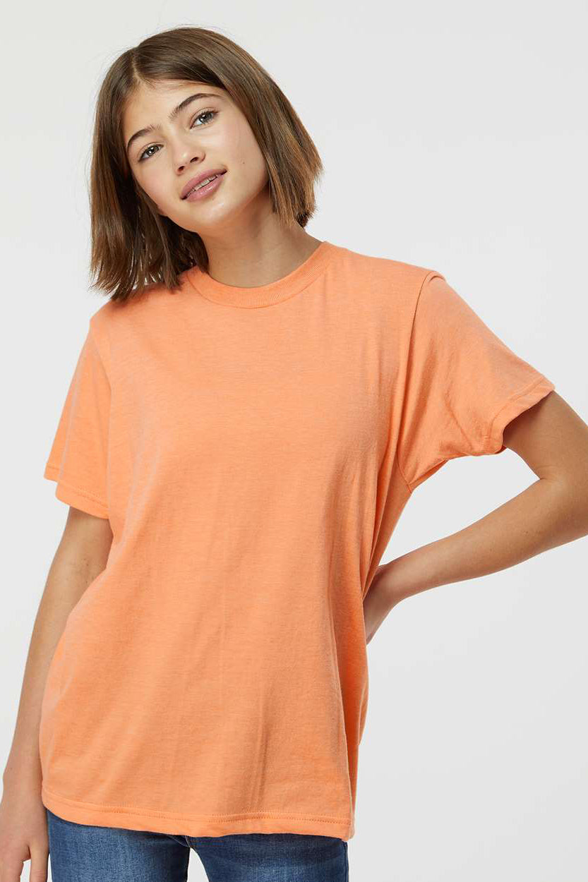 Tultex 235 Youth Fine Jersey Short Sleeve Crewneck T-Shirt Heather Cantaloupe Orange Model Front
