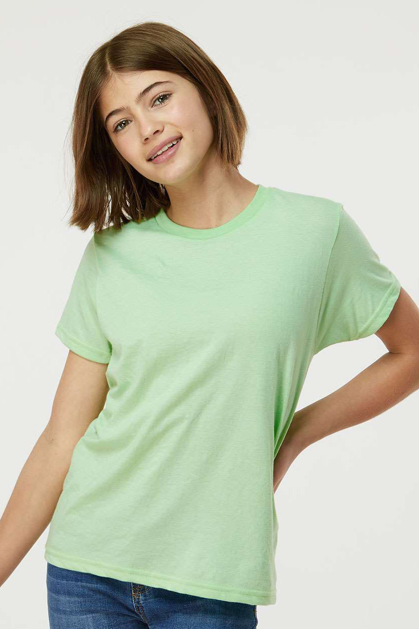 Tultex 235 Youth Fine Jersey Short Sleeve Crewneck T-Shirt Heather Neo Mint Green Model Front