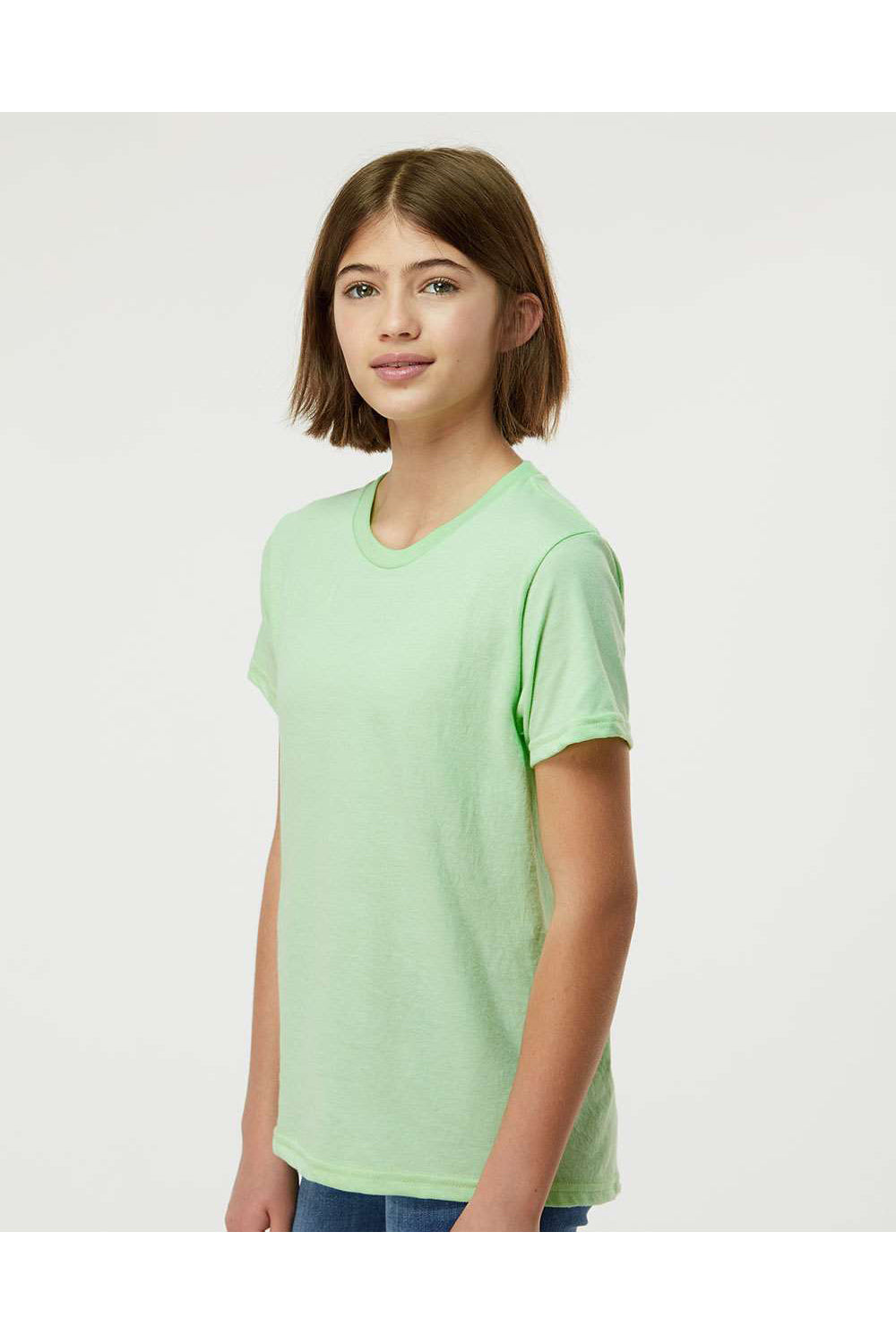 Tultex 235 Youth Fine Jersey Short Sleeve Crewneck T-Shirt Heather Neo Mint Green Model Side