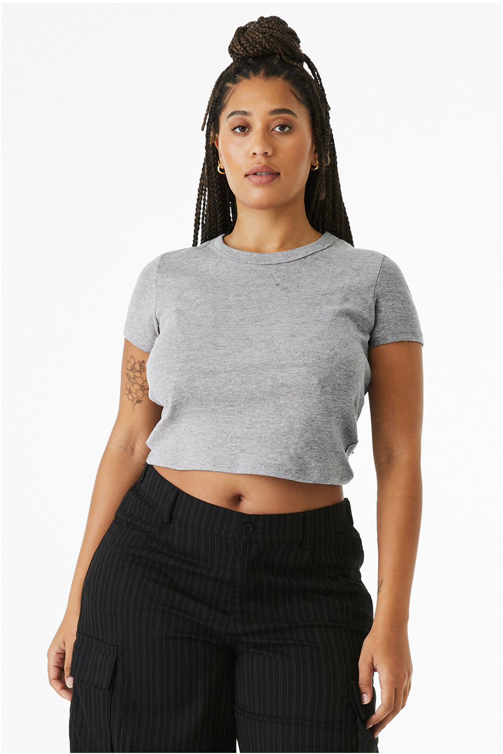 Bella + Canvas 1010BE Womens Micro Ribbed Short Sleeve Crewneck Baby T-Shirt Heather Grey Model Front
