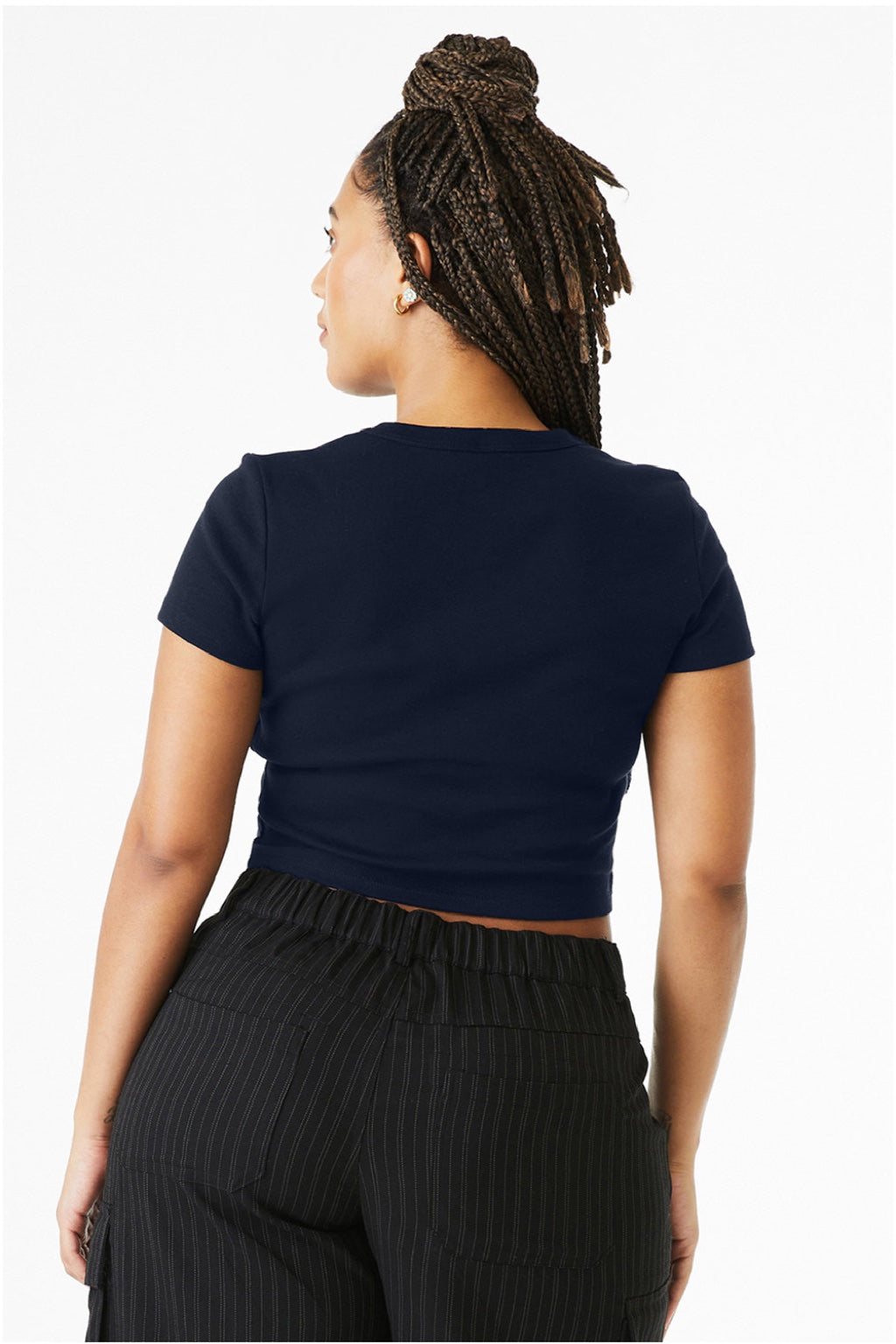 Bella + Canvas BC1010/1010 Womens Micro Ribbed Short Sleeve Crewneck Baby T-Shirt Navy Blue Model Back