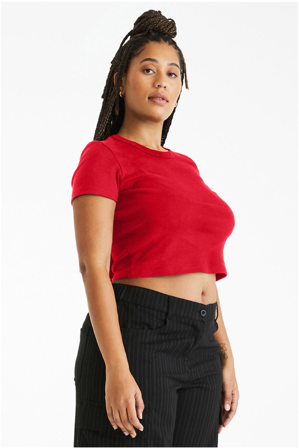 Bella + Canvas BC1010/1010 Womens Micro Ribbed Short Sleeve Crewneck Baby T-Shirt Red Model Side