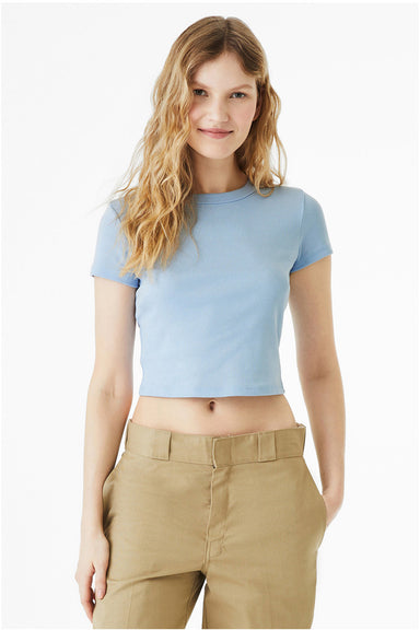 Bella + Canvas 1010BE Womens Micro Ribbed Short Sleeve Crewneck Baby T-Shirt Baby Blue Model Front