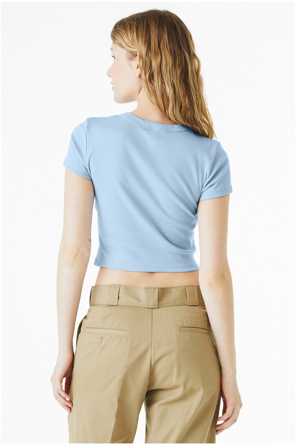 Bella + Canvas 1010BE Womens Micro Ribbed Short Sleeve Crewneck Baby T-Shirt Baby Blue Model Back