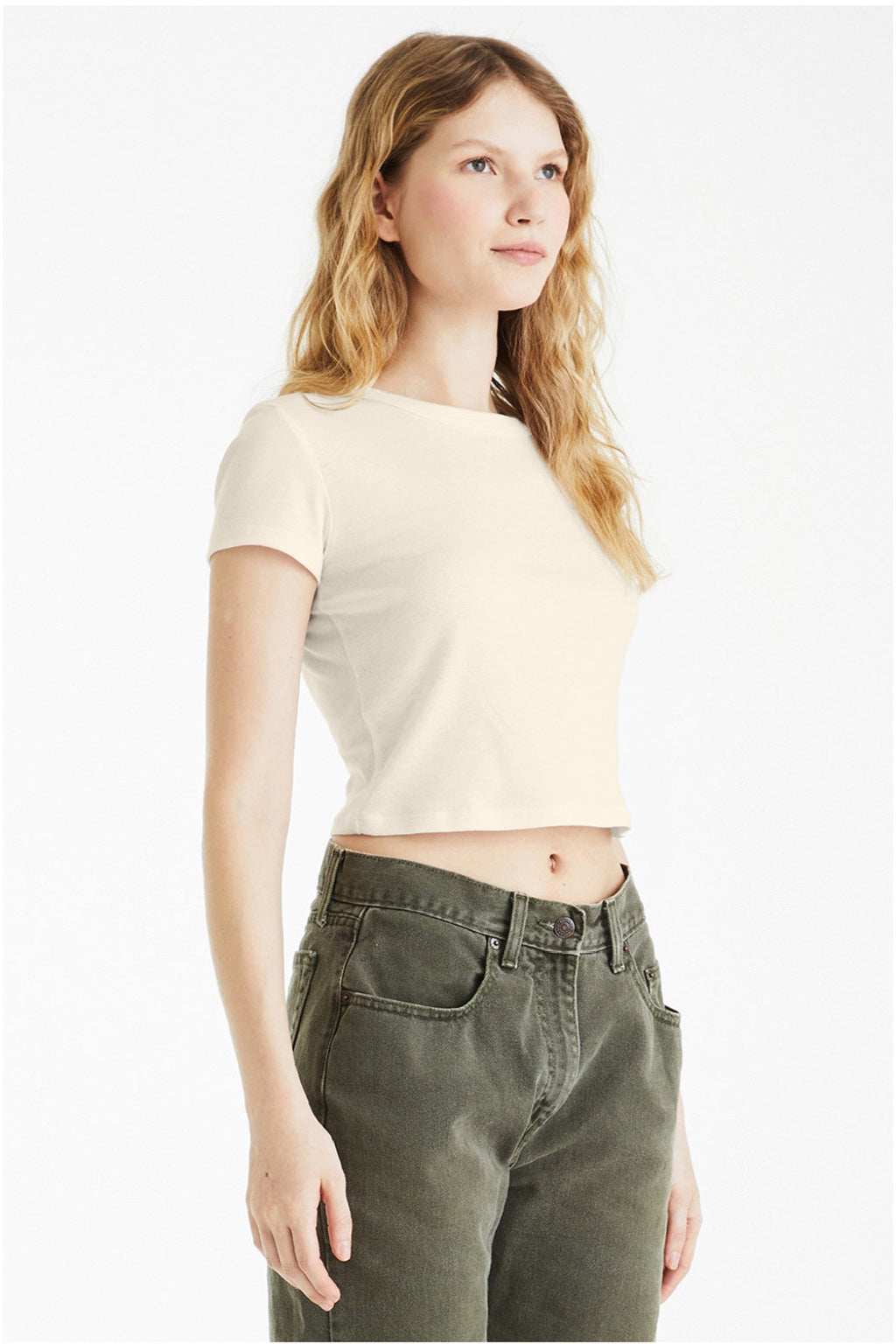 Bella + Canvas BC1010/1010 Womens Micro Ribbed Short Sleeve Crewneck Baby T-Shirt Natural Model Side