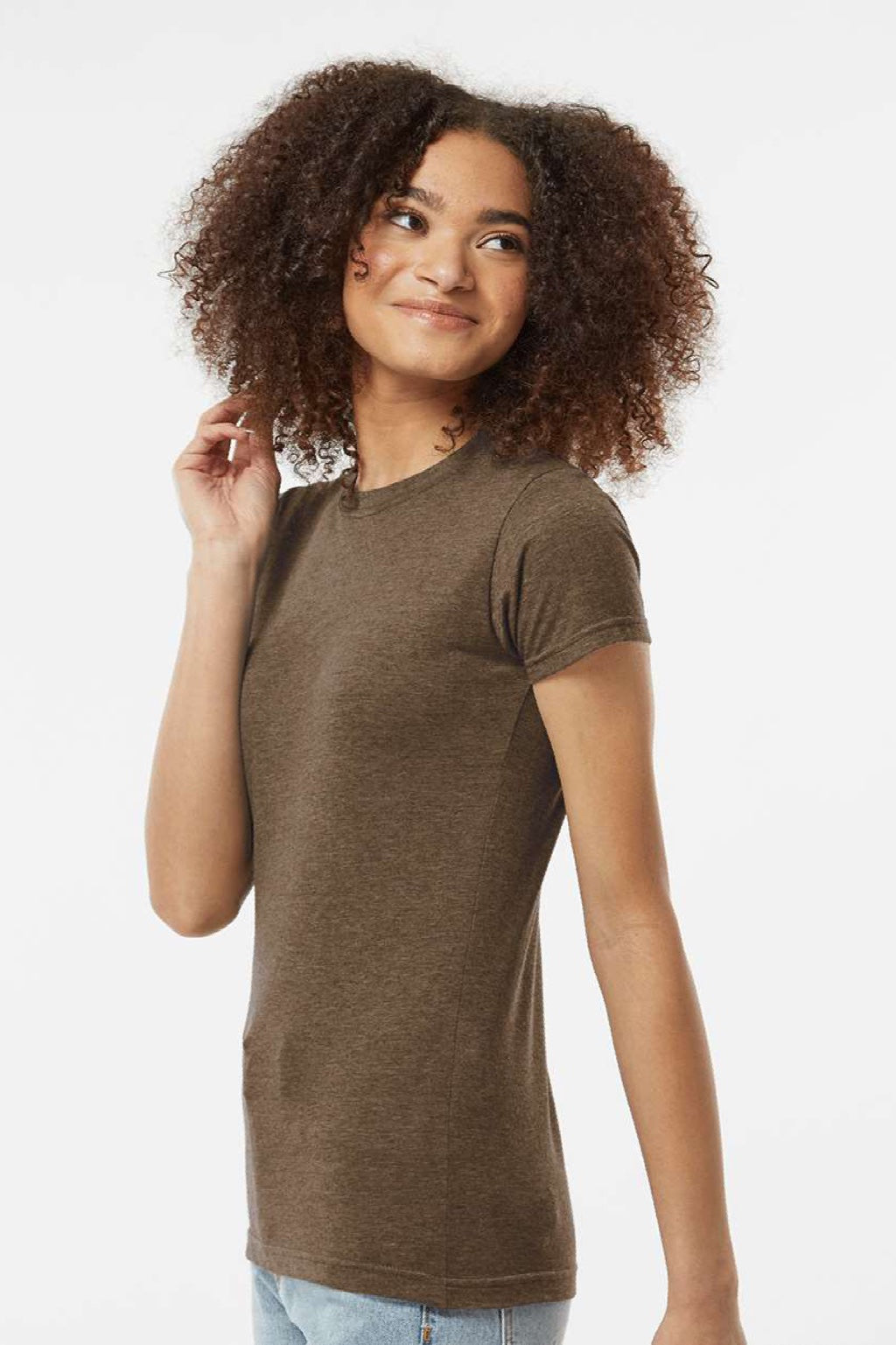 Tultex 240 Womens Poly-Rich Short Sleeve Crewneck T-Shirt Heather Brown Model Side