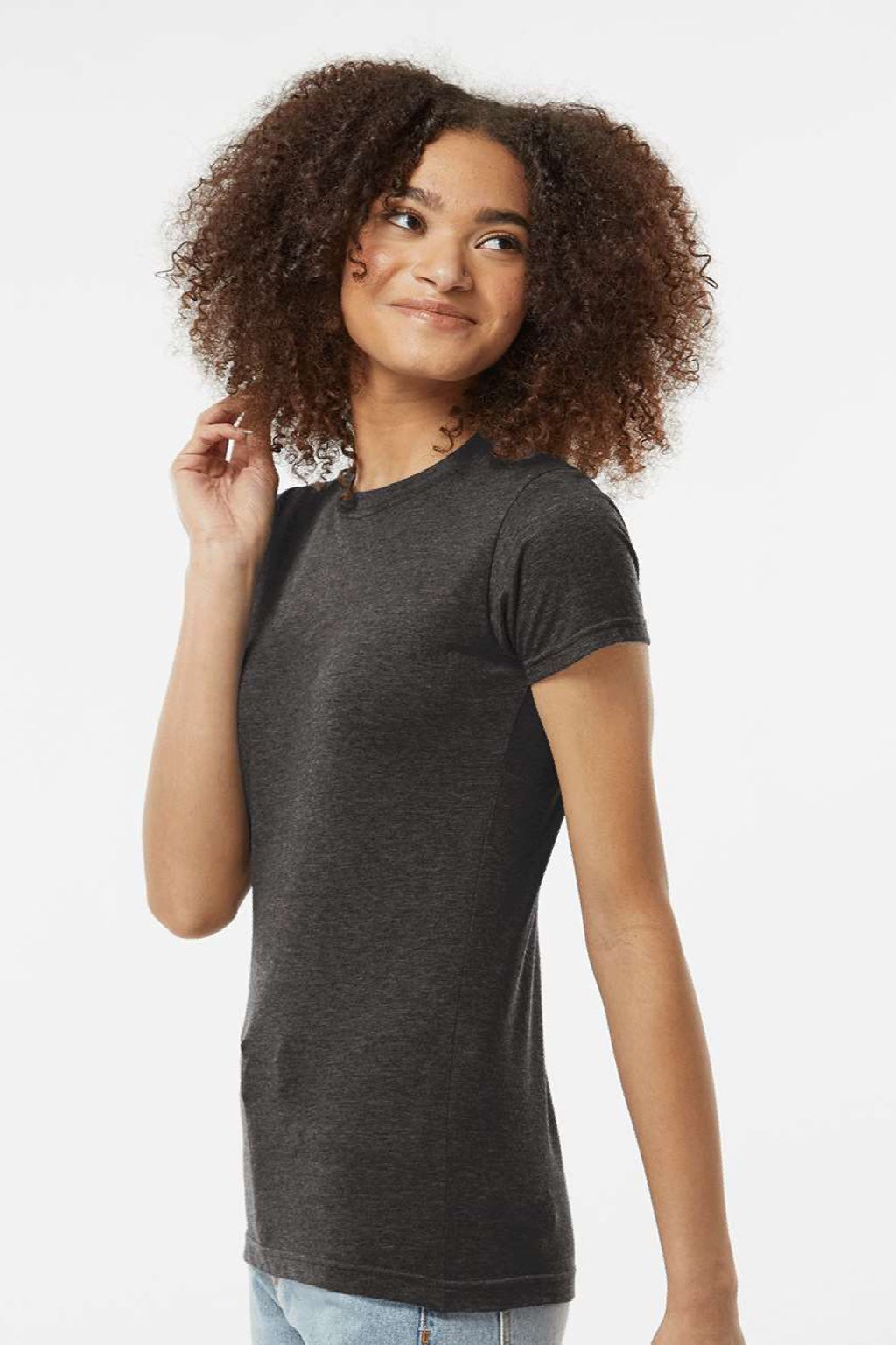 Tultex 240 Womens Poly-Rich Short Sleeve Crewneck T-Shirt Heather Graphite Grey Model Side