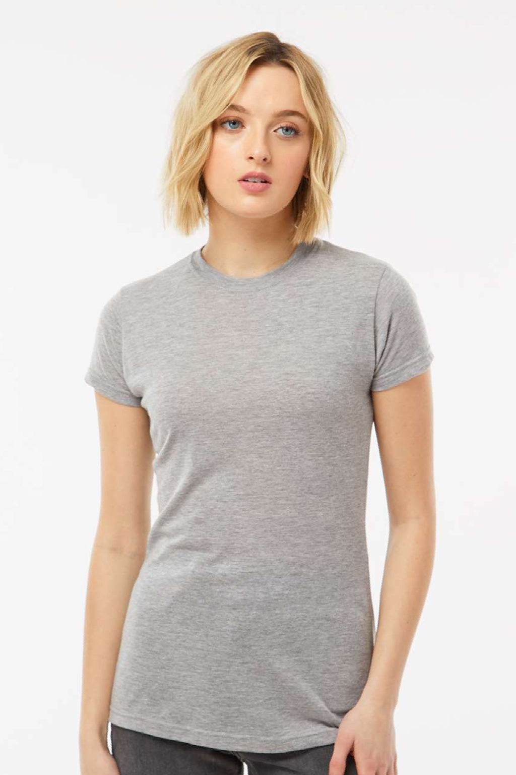 Tultex 240 Womens Poly-Rich Short Sleeve Crewneck T-Shirt Heather Grey Model Front