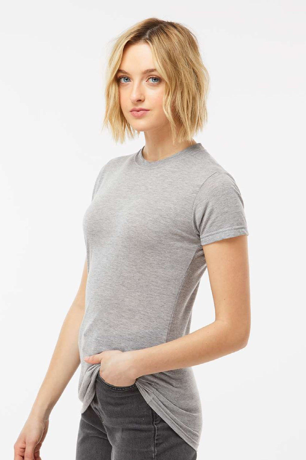 Tultex 240 Womens Poly-Rich Short Sleeve Crewneck T-Shirt Heather Grey Model Side