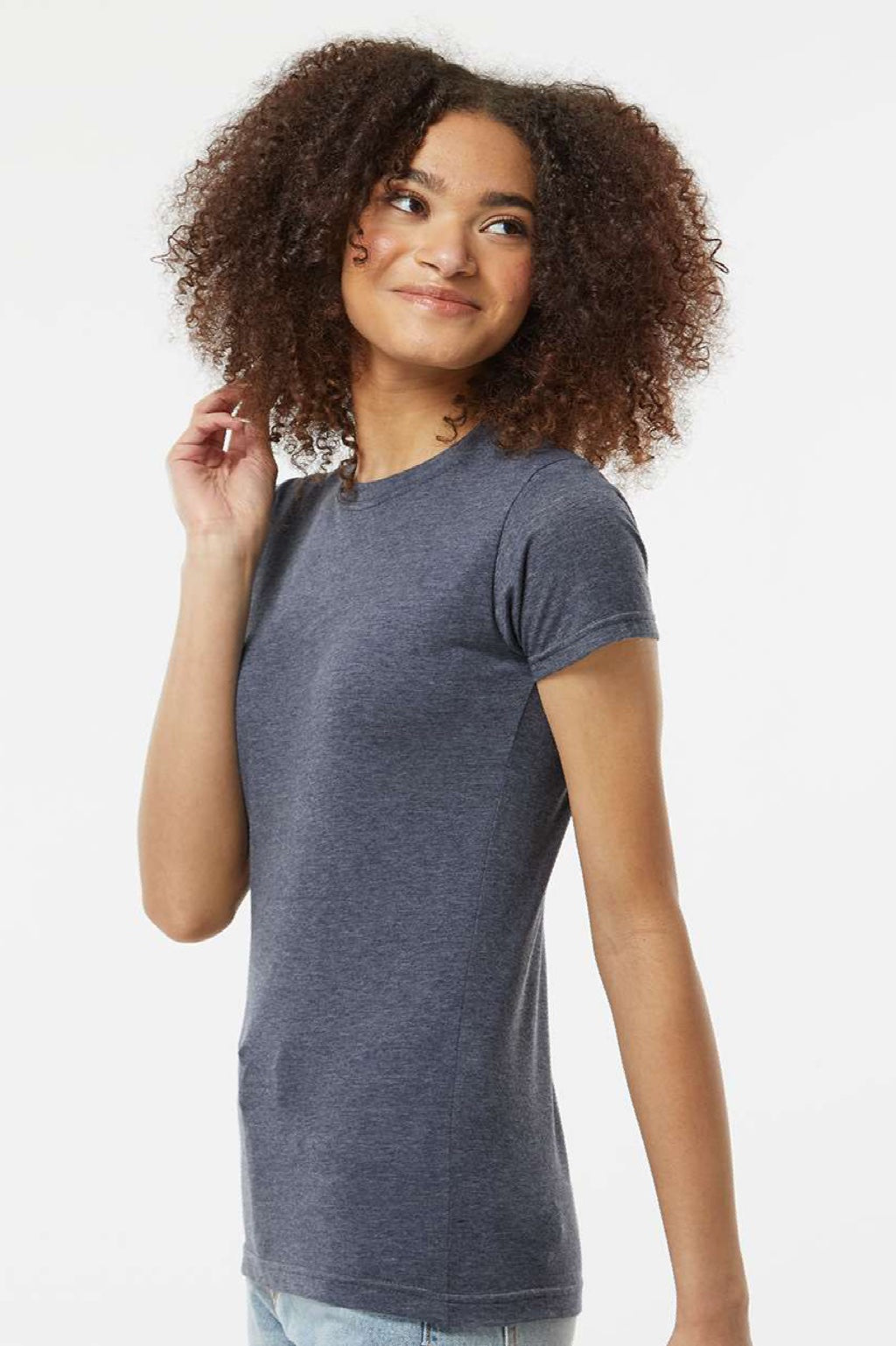 Tultex 240 Womens Poly-Rich Short Sleeve Crewneck T-Shirt Heather Navy Blue Model Side