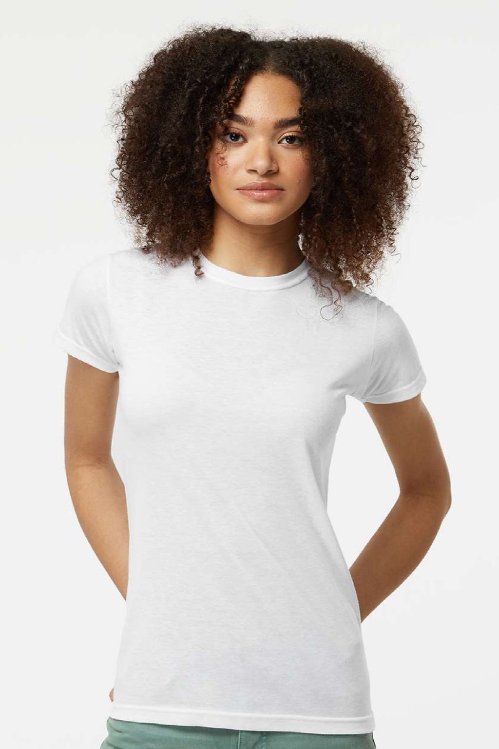 Tultex 240 Womens Poly-Rich Short Sleeve Crewneck T-Shirt White Model Front