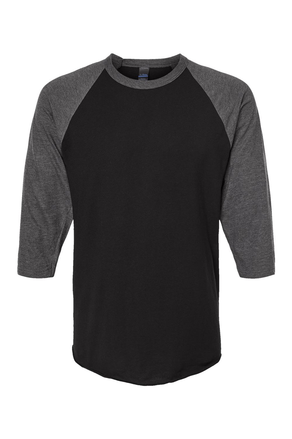 Tultex 245 Mens Fine Jersey Raglan 3/4 Sleeve Crewneck T-Shirt Black/Heather Charcoal Grey Flat Front