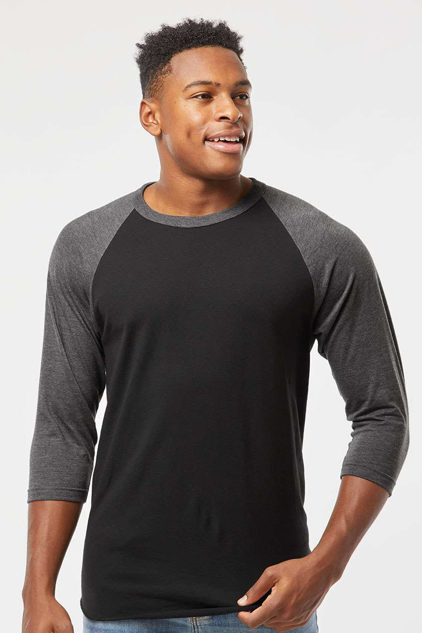 Tultex 245 Mens Fine Jersey Raglan 3/4 Sleeve Crewneck T-Shirt Black/Heather Charcoal Grey Model Front