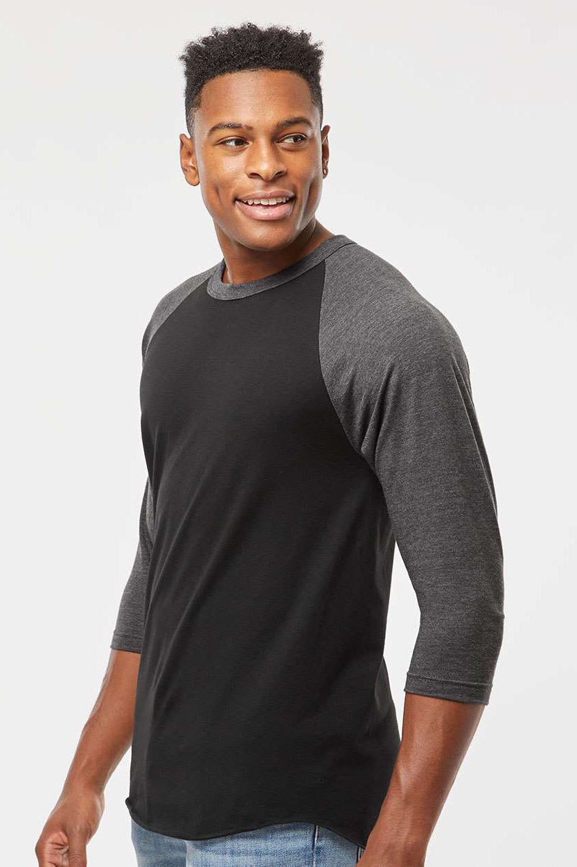 Tultex 245 Mens Fine Jersey Raglan 3/4 Sleeve Crewneck T-Shirt Black/Heather Charcoal Grey Model Side