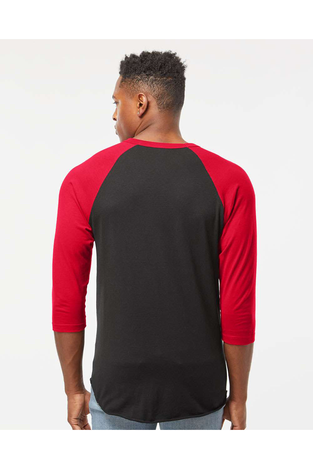 Tultex 245 Mens Fine Jersey Raglan 3/4 Sleeve Crewneck T-Shirt Black/Red Model Back