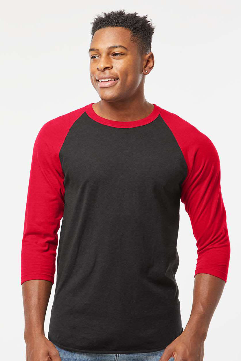 Tultex 245 Mens Fine Jersey Raglan 3/4 Sleeve Crewneck T-Shirt Black/Red Model Front