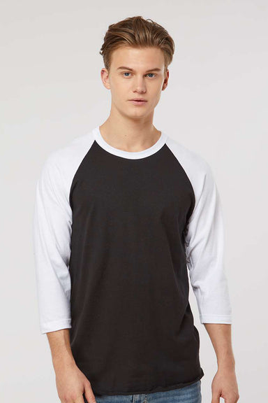 Tultex 245 Mens Fine Jersey Raglan 3/4 Sleeve Crewneck T-Shirt Black/White Model Front