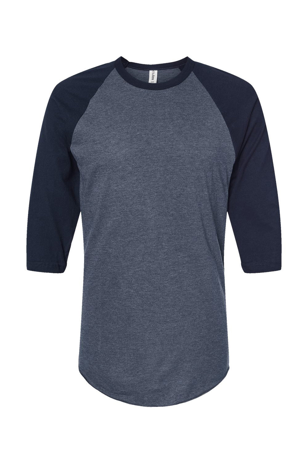 Tultex 245 Mens Fine Jersey Raglan 3/4 Sleeve Crewneck T-Shirt Heather Denim Blue/Navy Blue Flat Front