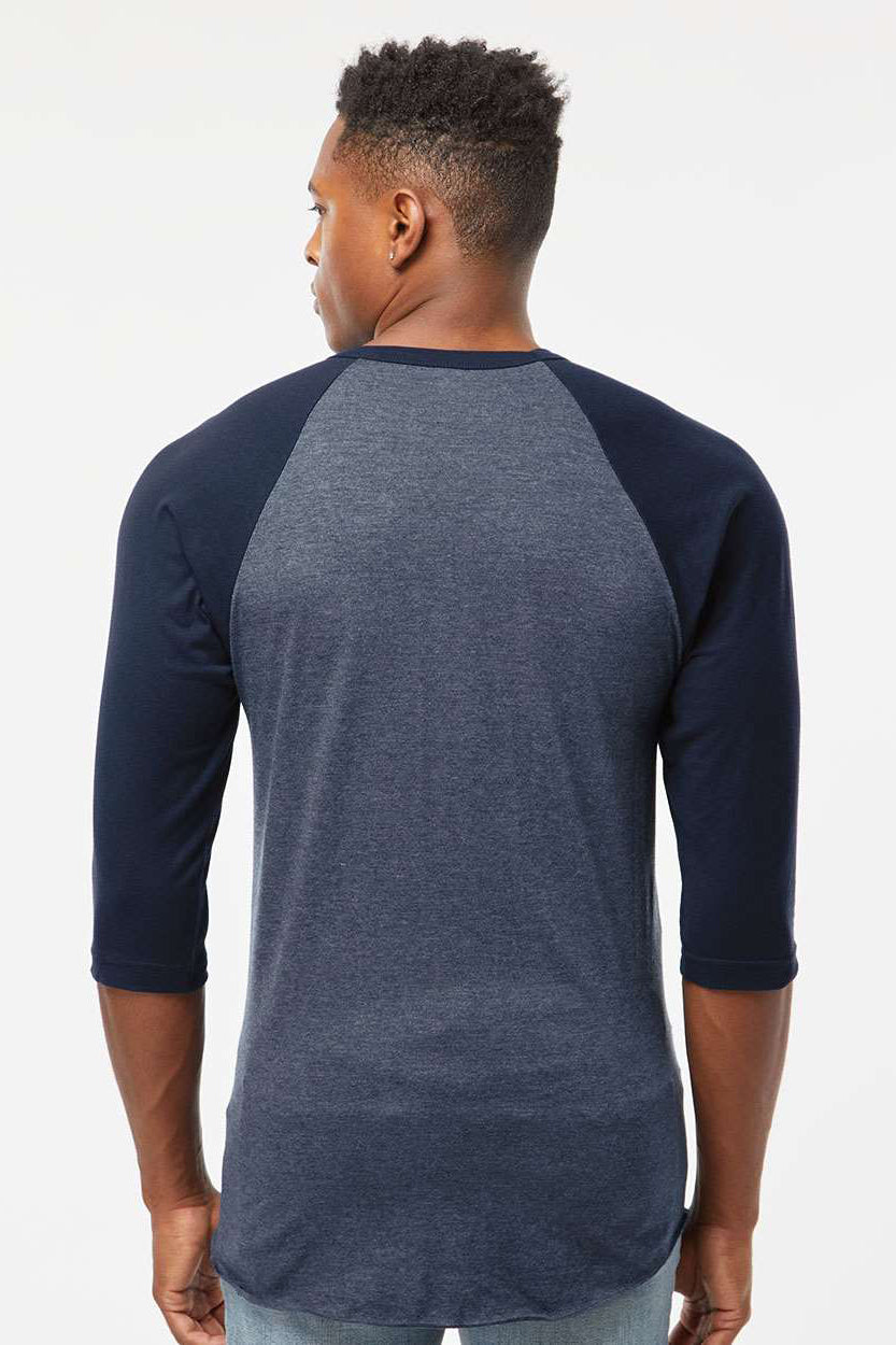Tultex 245 Mens Fine Jersey Raglan 3/4 Sleeve Crewneck T-Shirt Heather Denim Blue/Navy Blue Model Back